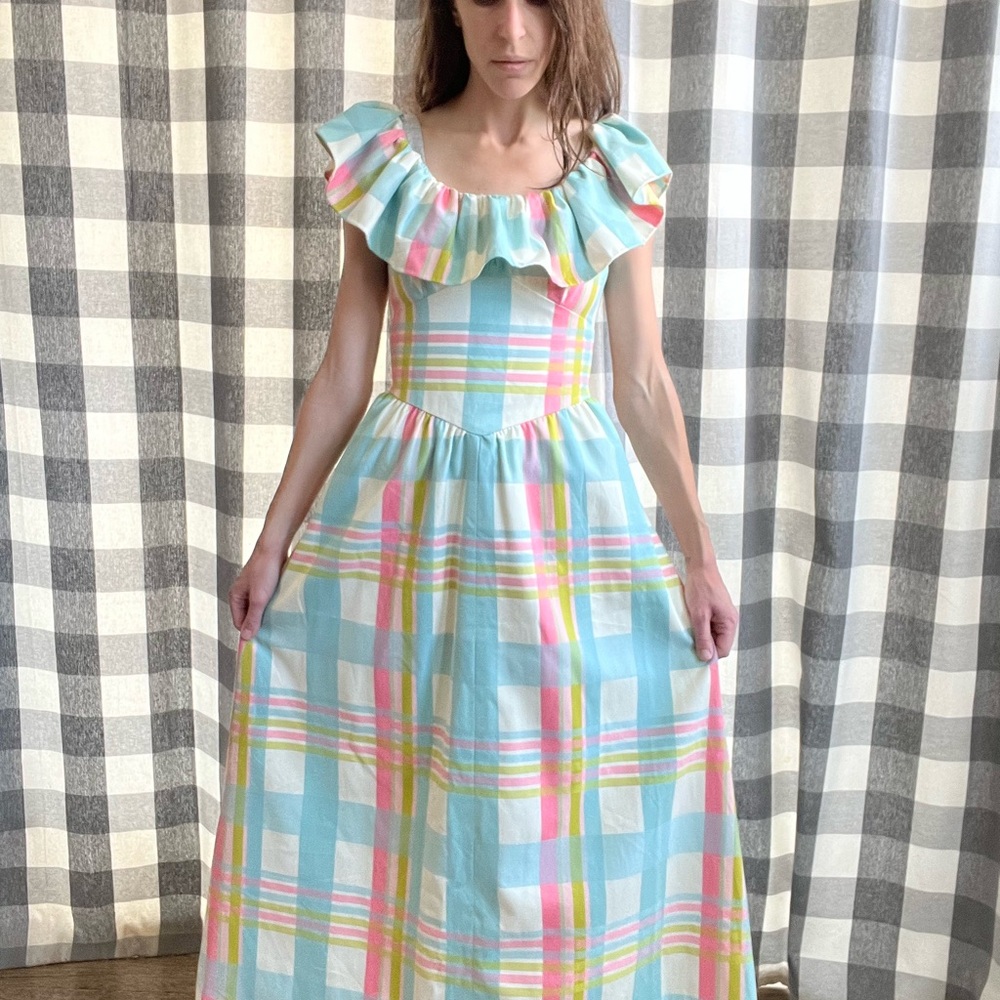 60s/70s Pastel Plaid Ruffle Maxi Dress